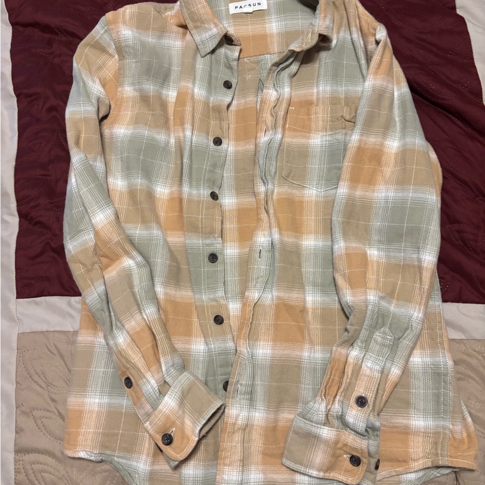 PacSun Casual Plaid Shirt/Flannel in Green and Tan - Size: Small